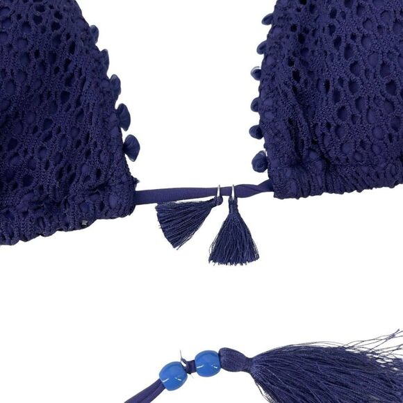 Victorias Secret Teeny Triangle Bikini Top Navy Blue Tassel Crochet Lace Size M - Picture 3 of 10